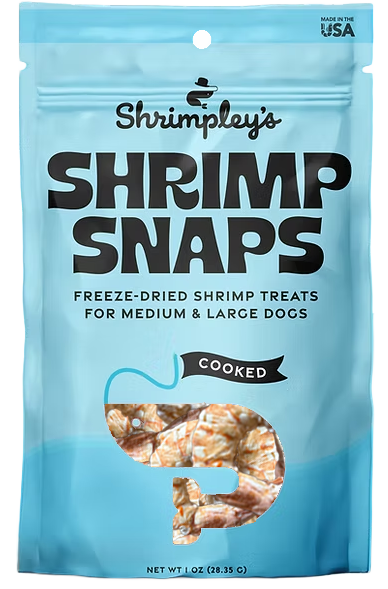 Shrimpley's Shrimp Snaps freeze-dried shrimp treats packaging for dogs on a white background